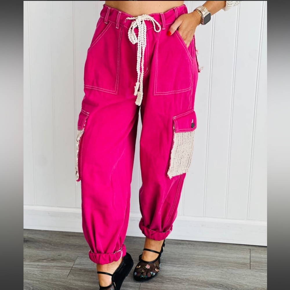POL Fuchsia Drawstring Cargo Joggers with Crochet Pocket - Picture 6 of 6